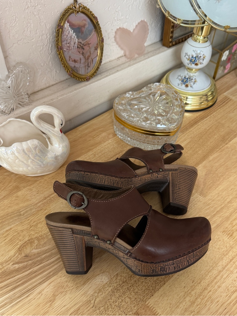 Dansko Brown Leather Platform Clogs EU 37 Y2K Boho Chunky Heeled Sandals - Picture 9 of 15